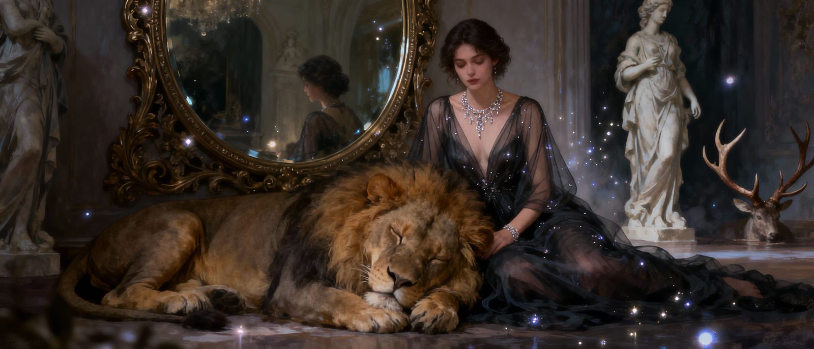 Fantasy Scene: Woman and Lion in Opulent Room