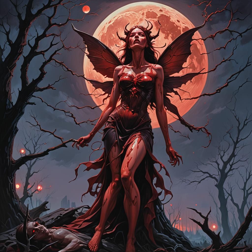 Blood Fairy Under Blood Moon in Dark Fantasy Art