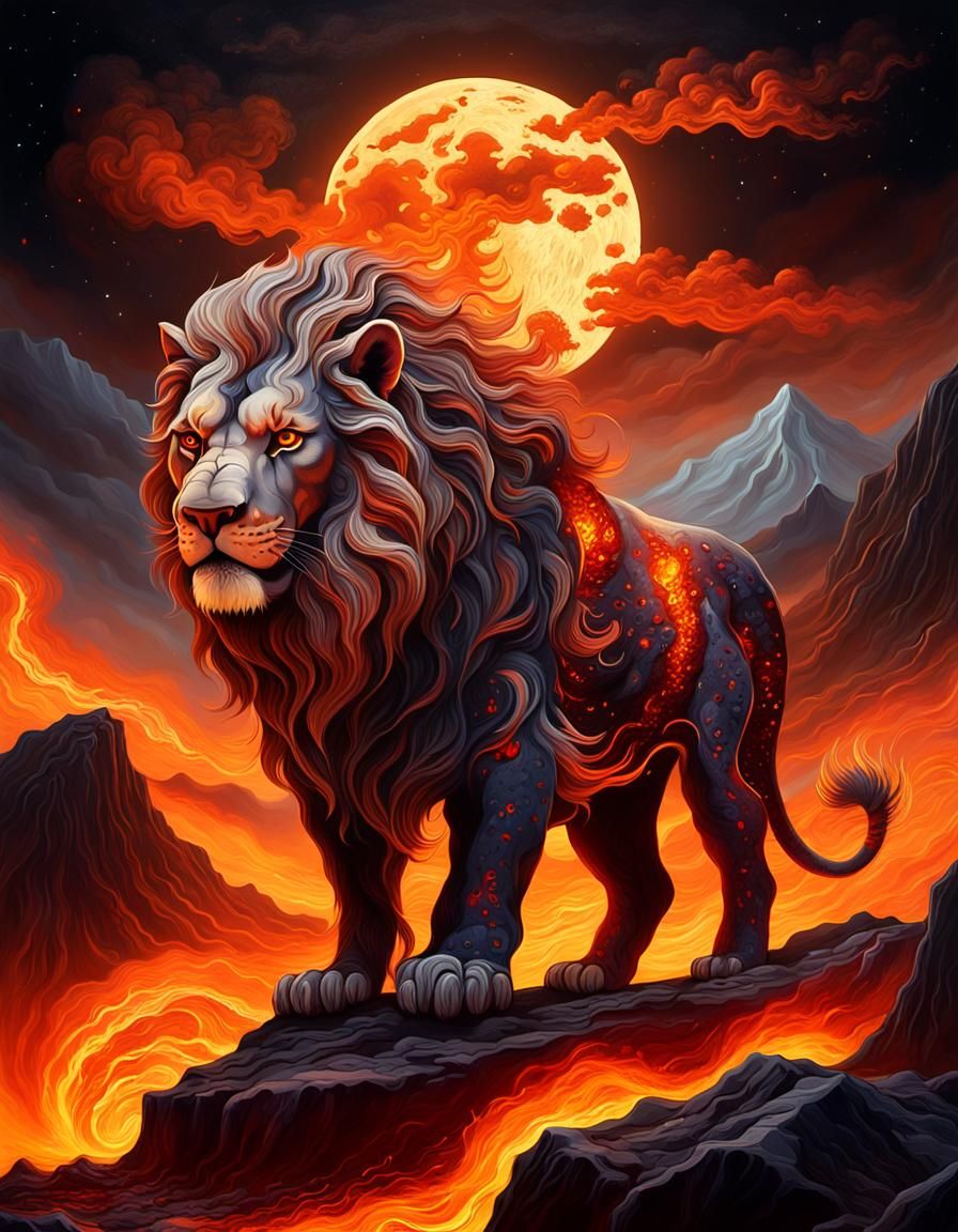 Volcanic Lion Roaring at the Moon: Surreal Oil Painting