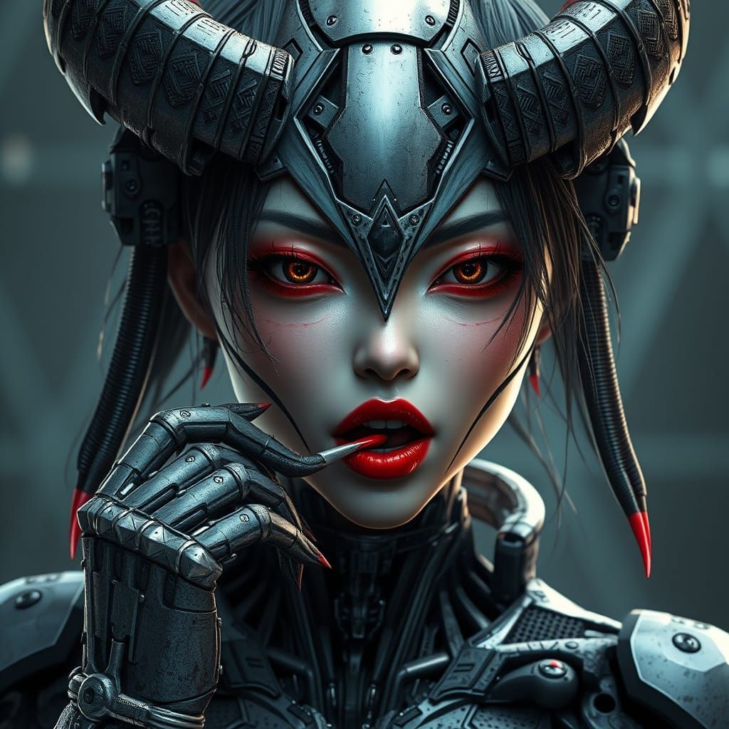 Cybernetic Sultry Demon Ascending from Shadows