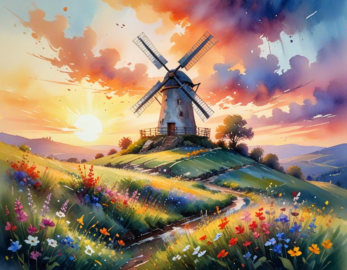 Windmill at Sunset: Neo-Impressionist Oil Painting