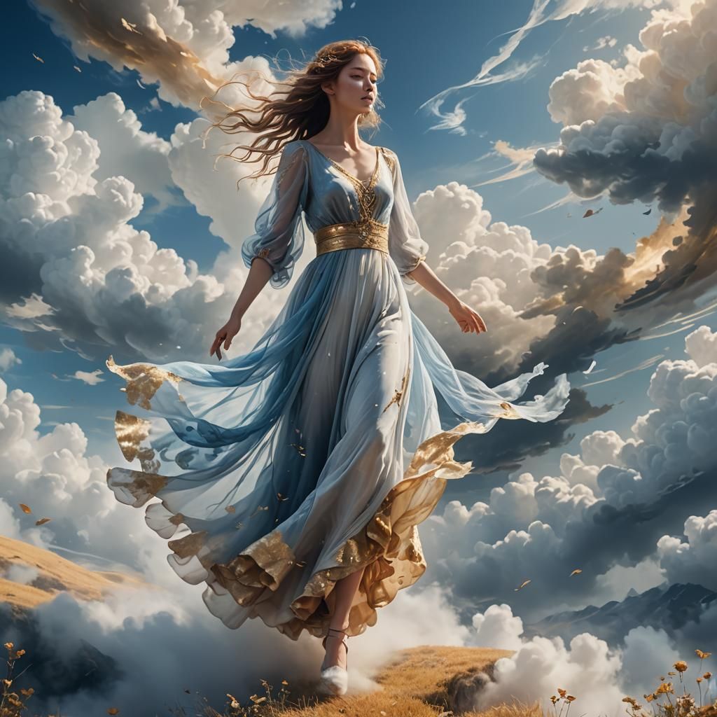 Ethereal Woman in Cloud Dress Fantasy Art