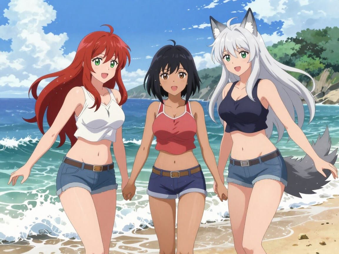 Anime Style Beach Scene with Three Women Playing in Waves