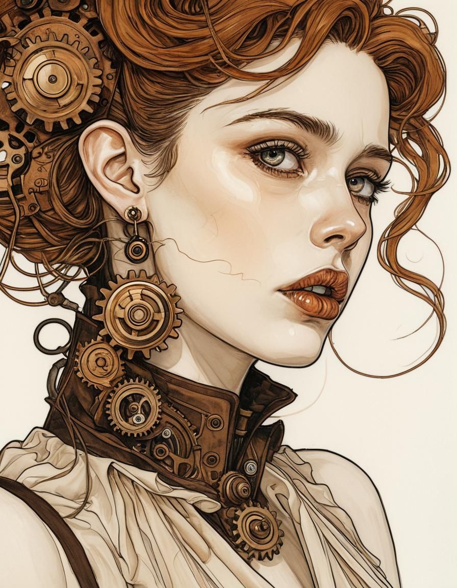 Steampunk Woman Portrait in Art Nouveau Style