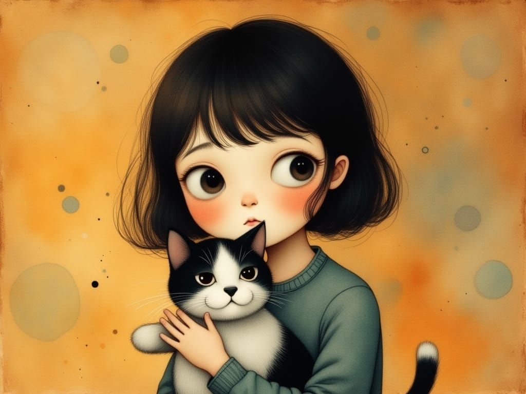 Girl Holding Cat in Manga Style