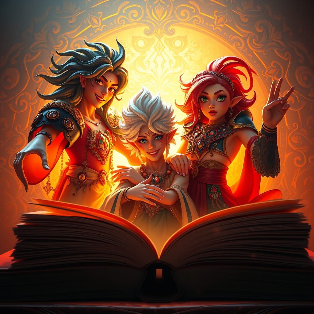 Whimsical Book Characters Emerge from a Golden Ornate Book