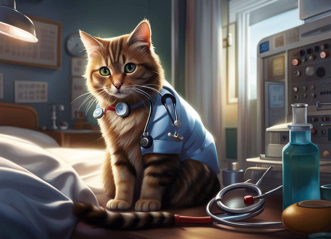 Hyperrealistic Cat Doctor in Hospital Room