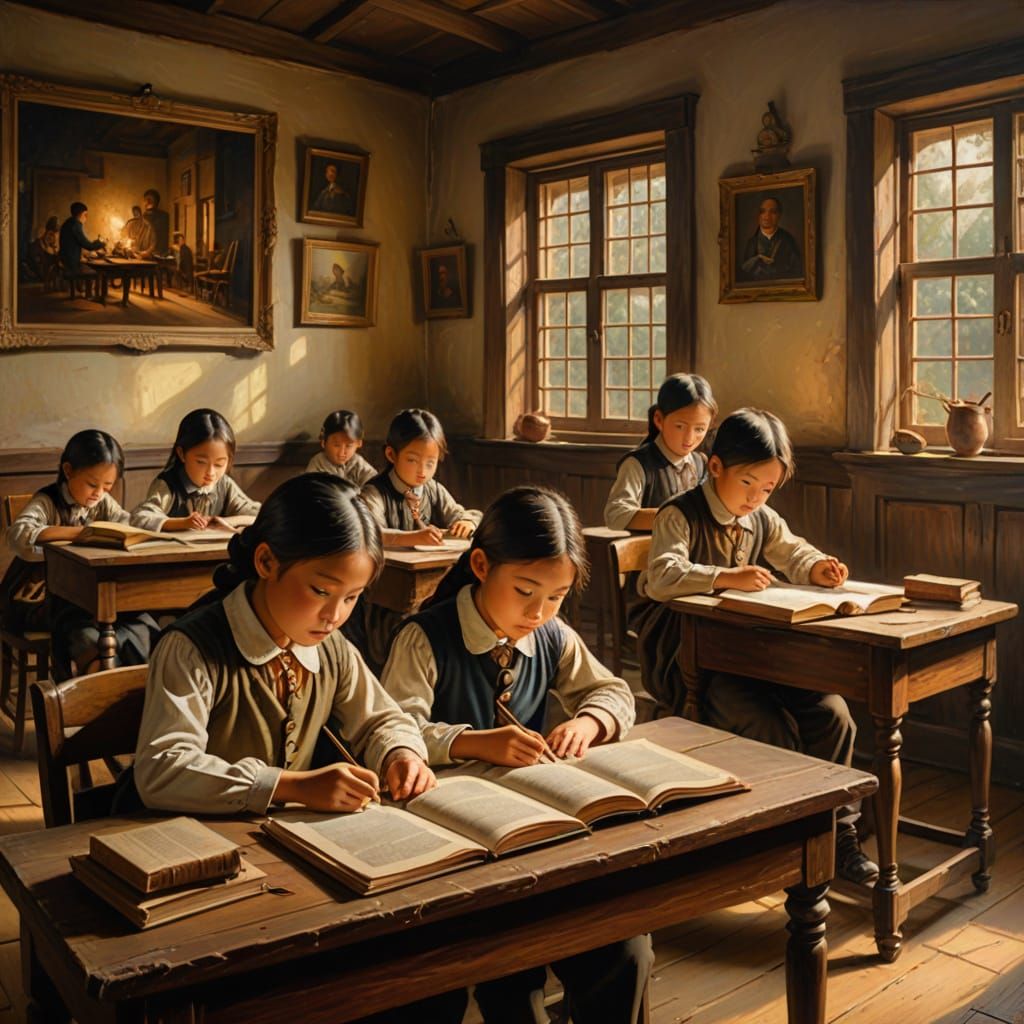 Children in 18th Century Classroom as Oil Painting