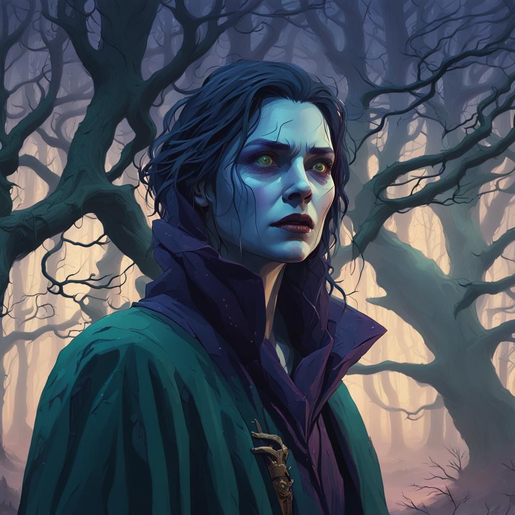 Ethereal Vampire in Misty Forest: Digital Matte Painting