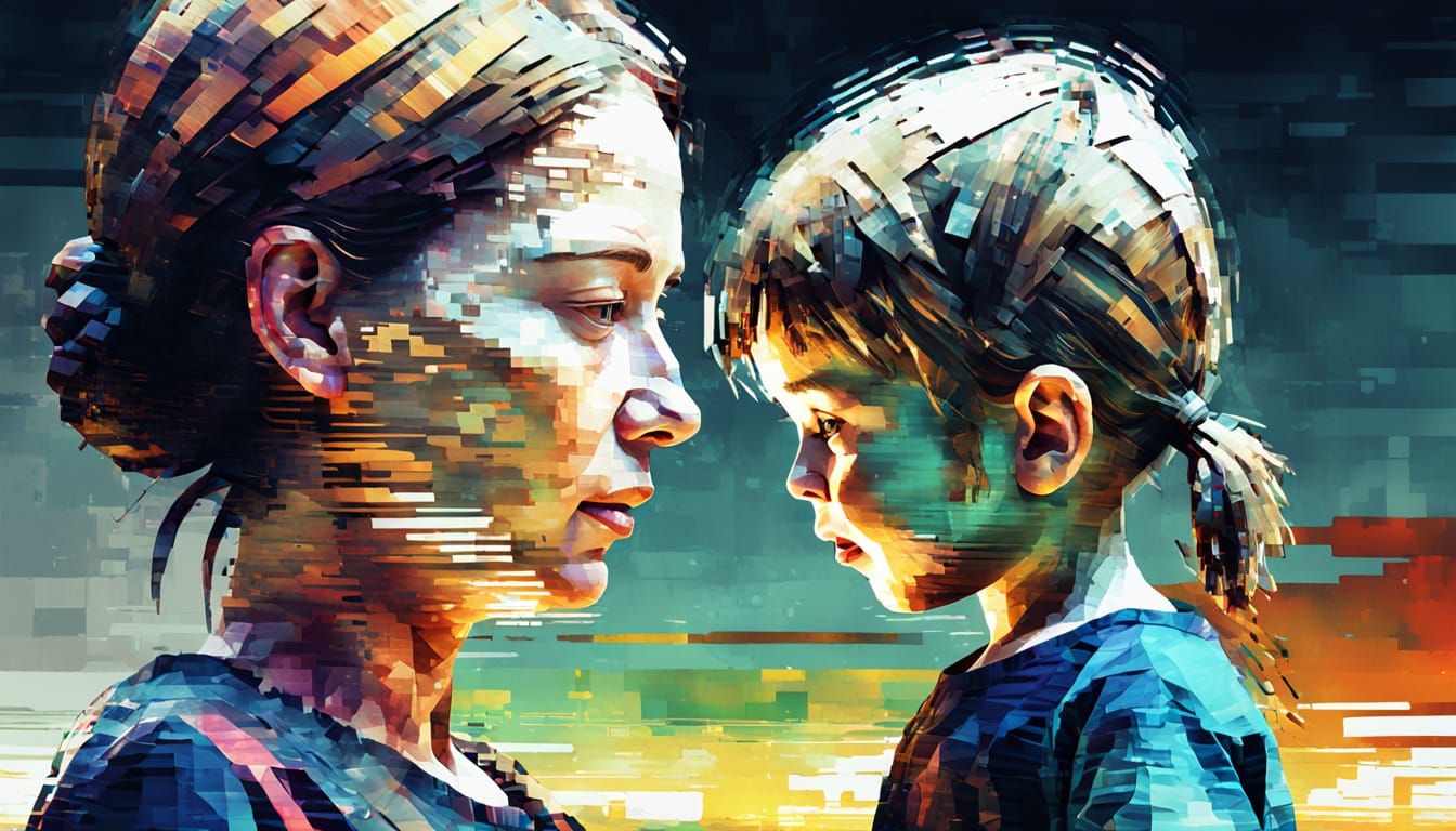 Glitch Art: Mother and Child in Digital Distortion
