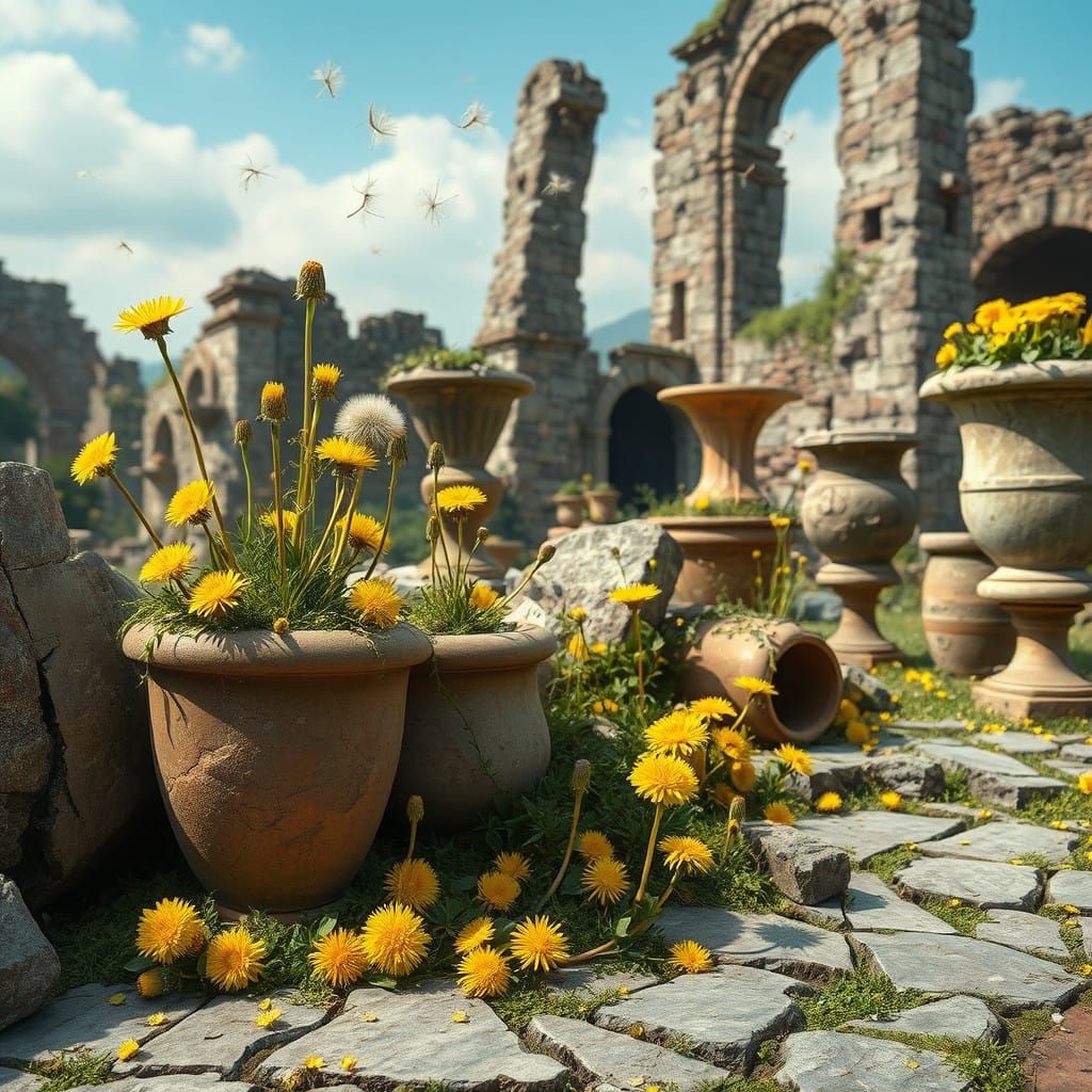 Dandelions Reclaim Ancient City Ruins in Vibrant Bloom
