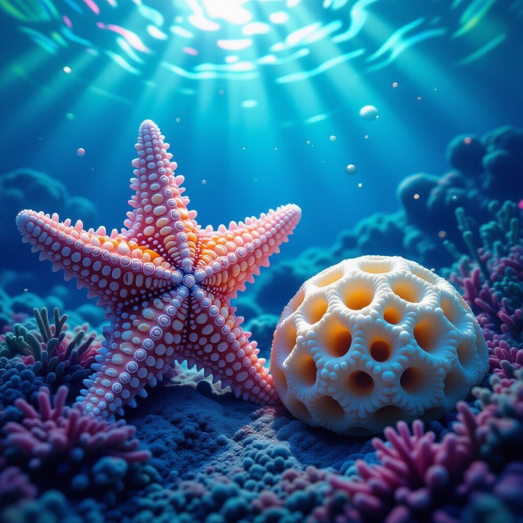 Psychedelic Seascape with Realistic Sponge and Star
