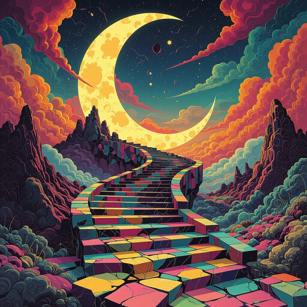 The dominion swirling stairs is broken, shattered points on the curve, reaching the crescent, villain shape, psychedelic...