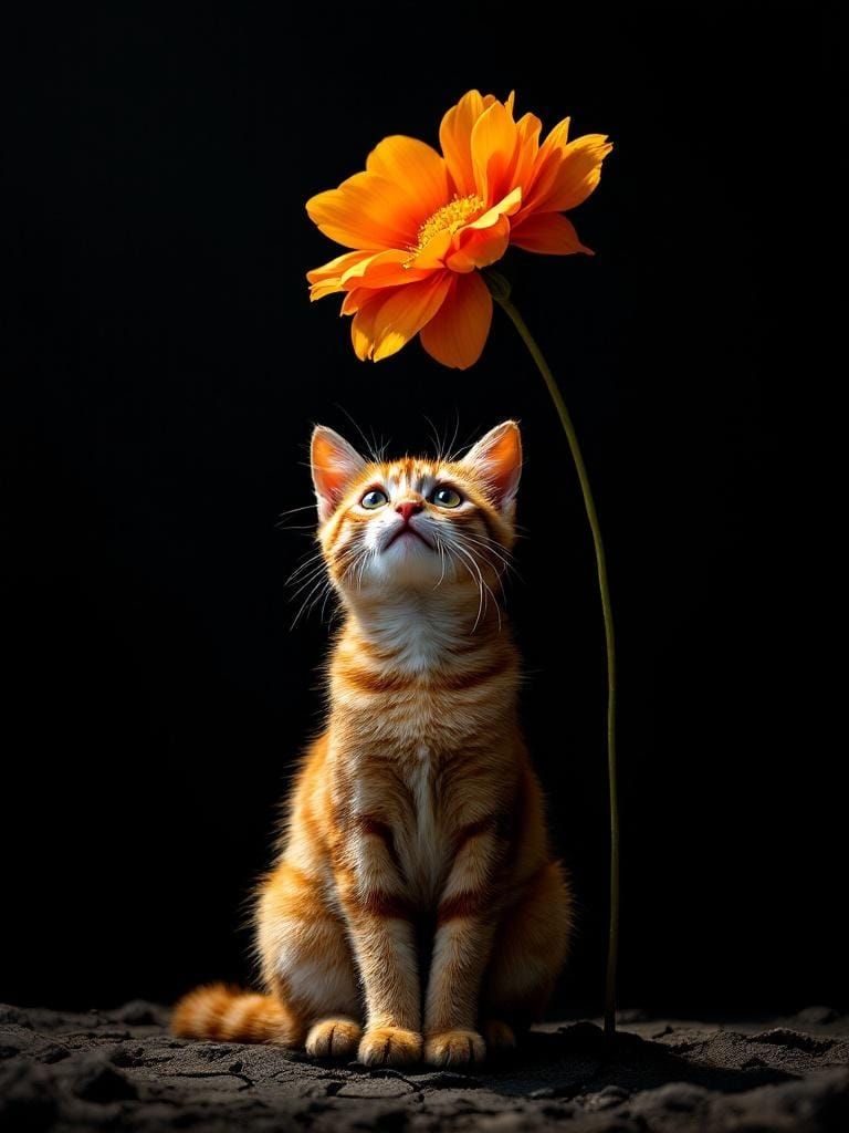 High Contrast Photo of Cat Under Flower