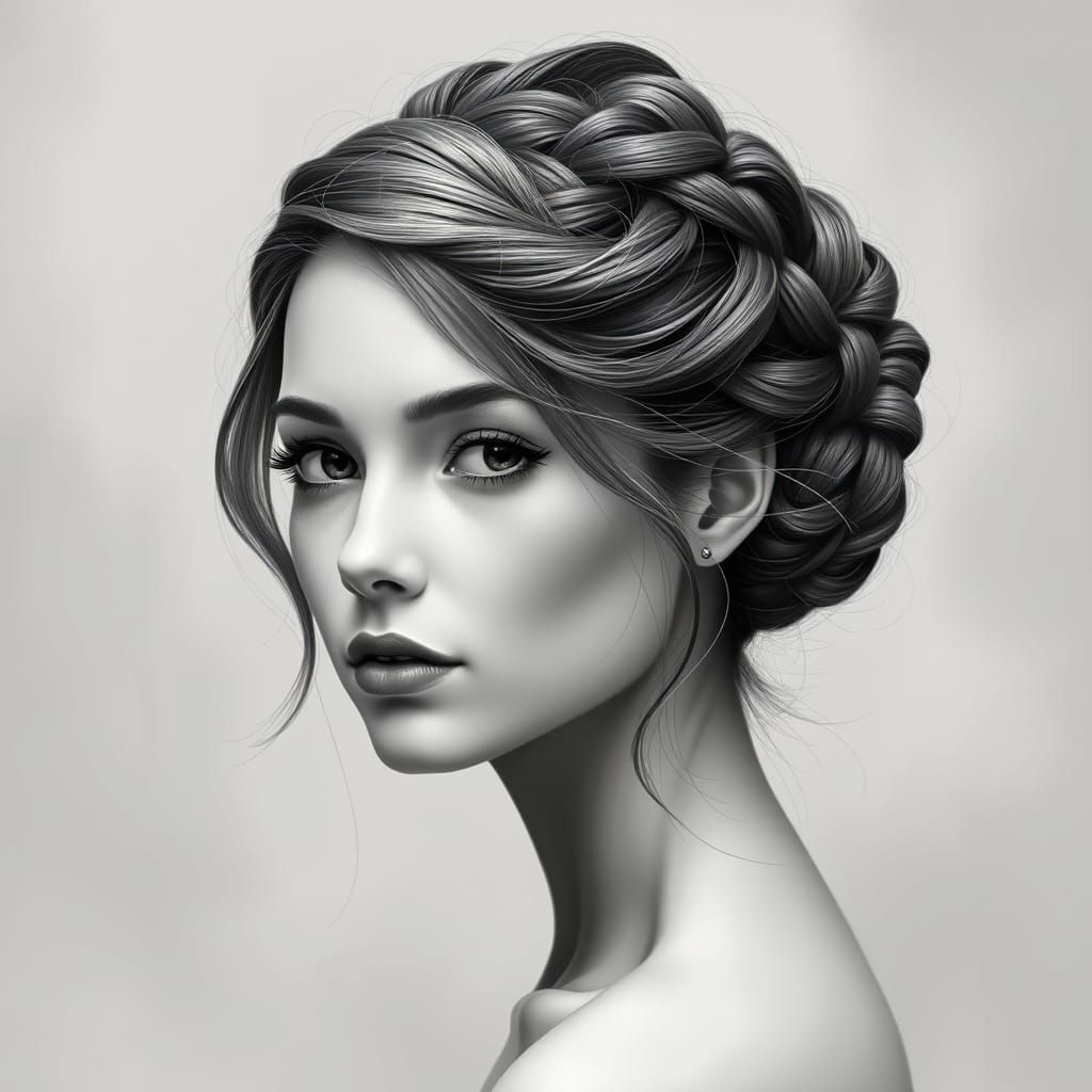 Classic Grayscale Portrait of a Woman with Elegant Braided H...
