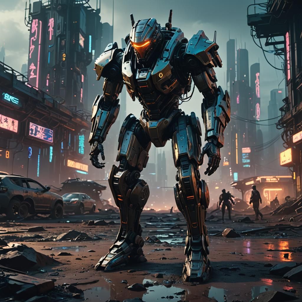 Cyberpunk Warrior Mech in Wasteland Cityscape