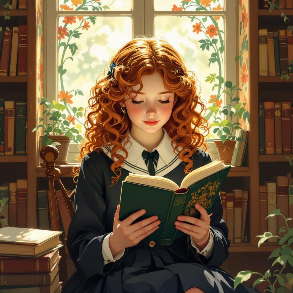 Art Nouveau Girl Reading in Cozy Room