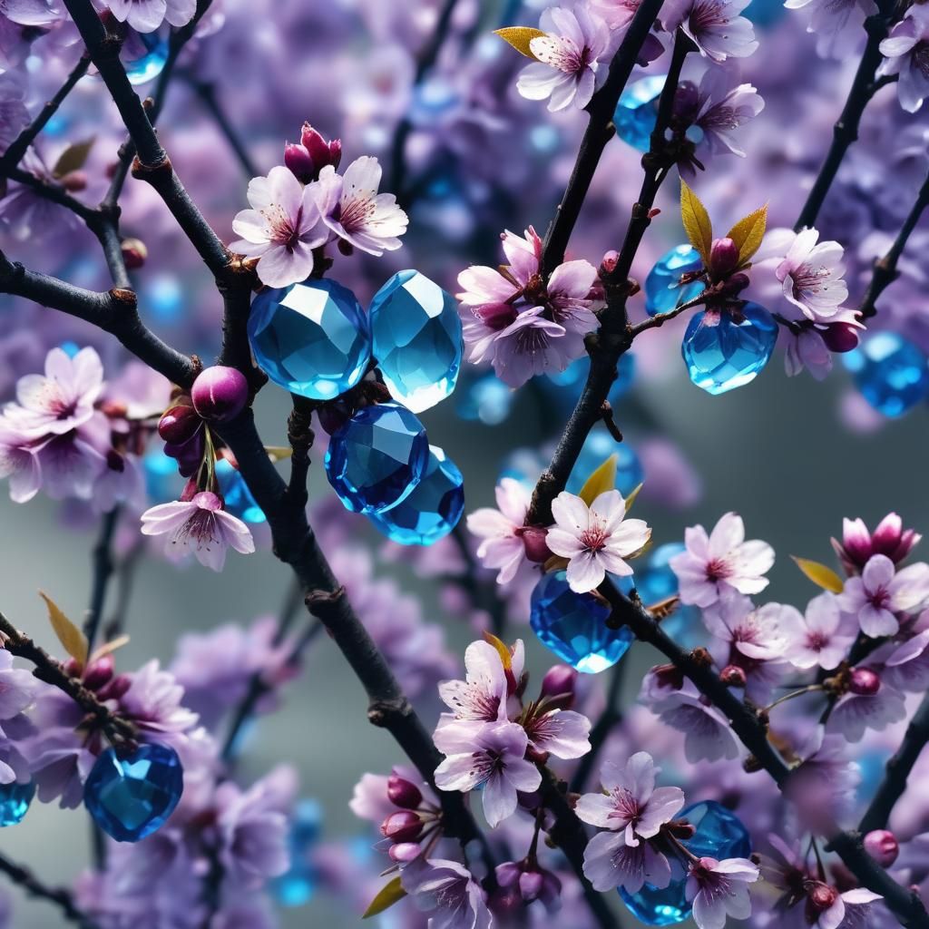 Dark Purple Cherry Blossoms and Blue Crystal Cherries