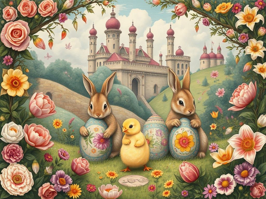 Easter Bunnies Painting Eggs in a Whimsical Landscape