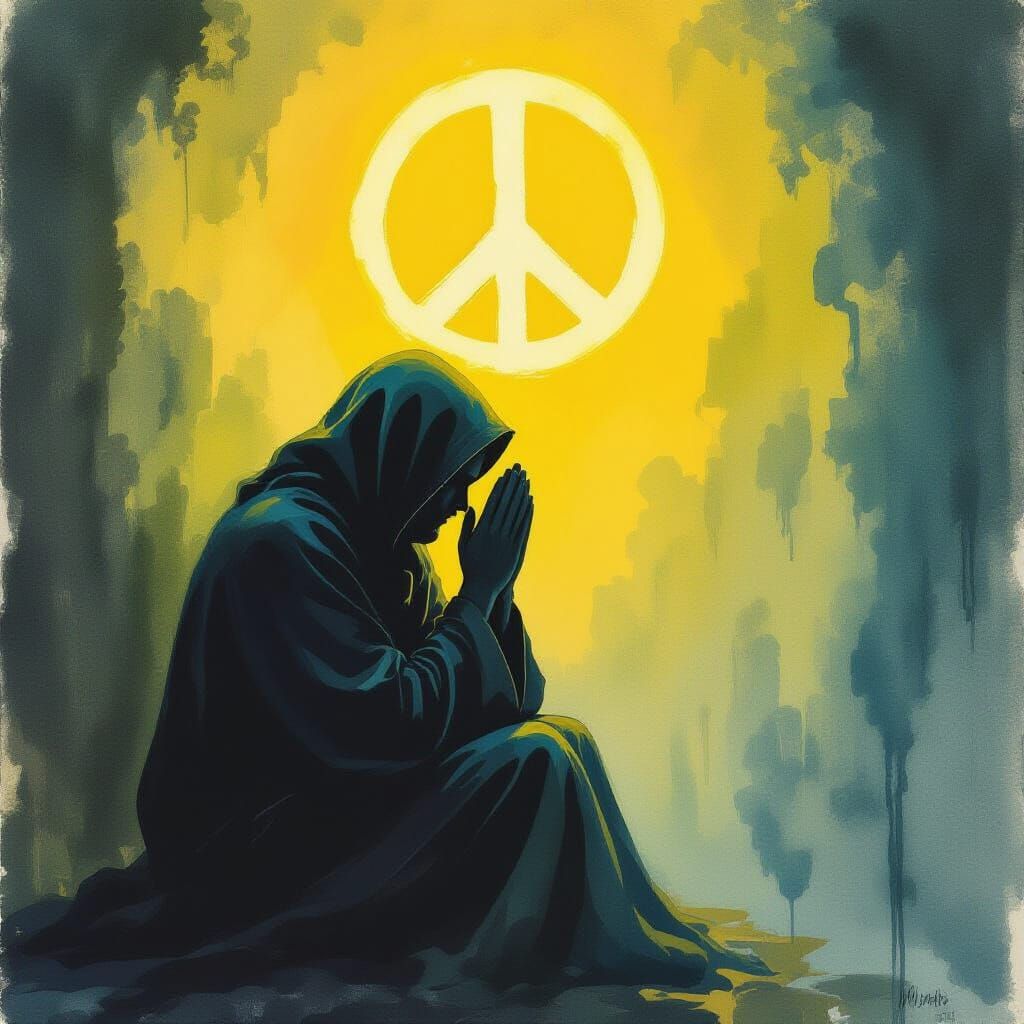 Anonymous Figure Praying for Peace in Electric Yellow Waterc...