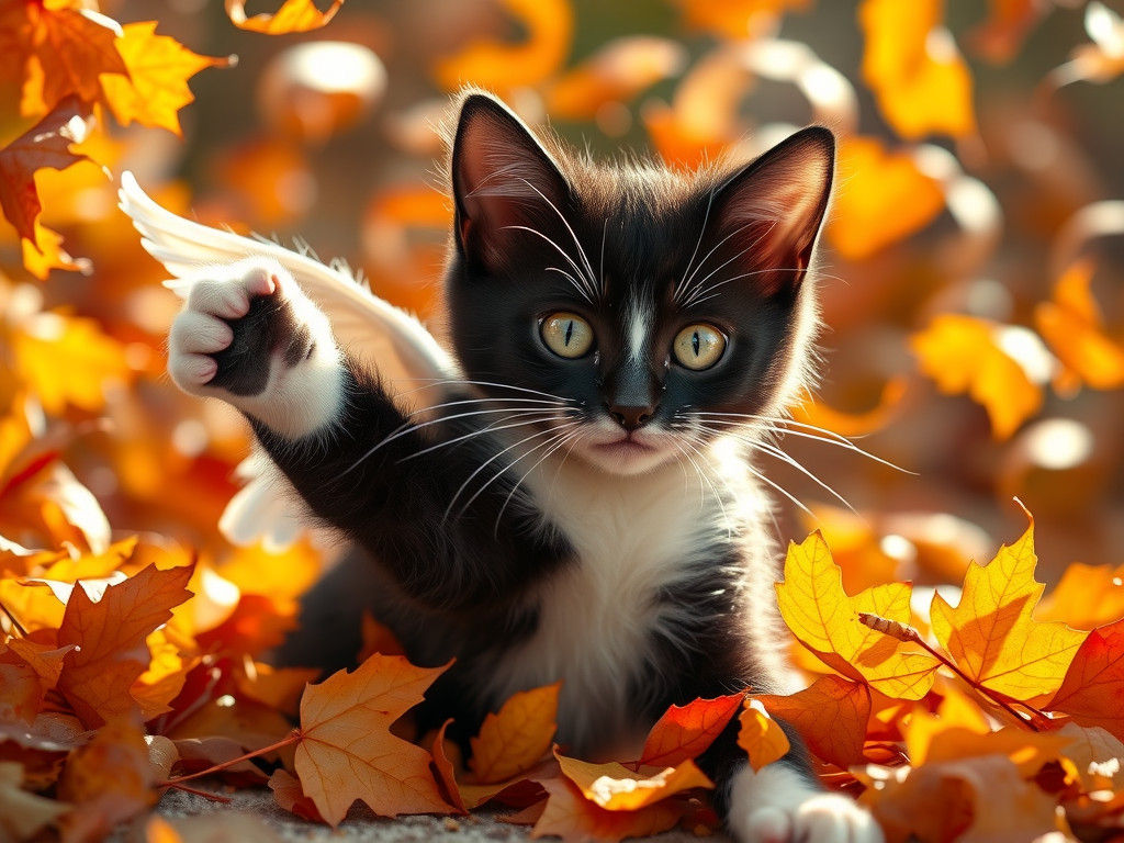 Tuxedo Cat with Angel Wings in Autumn Leaves
