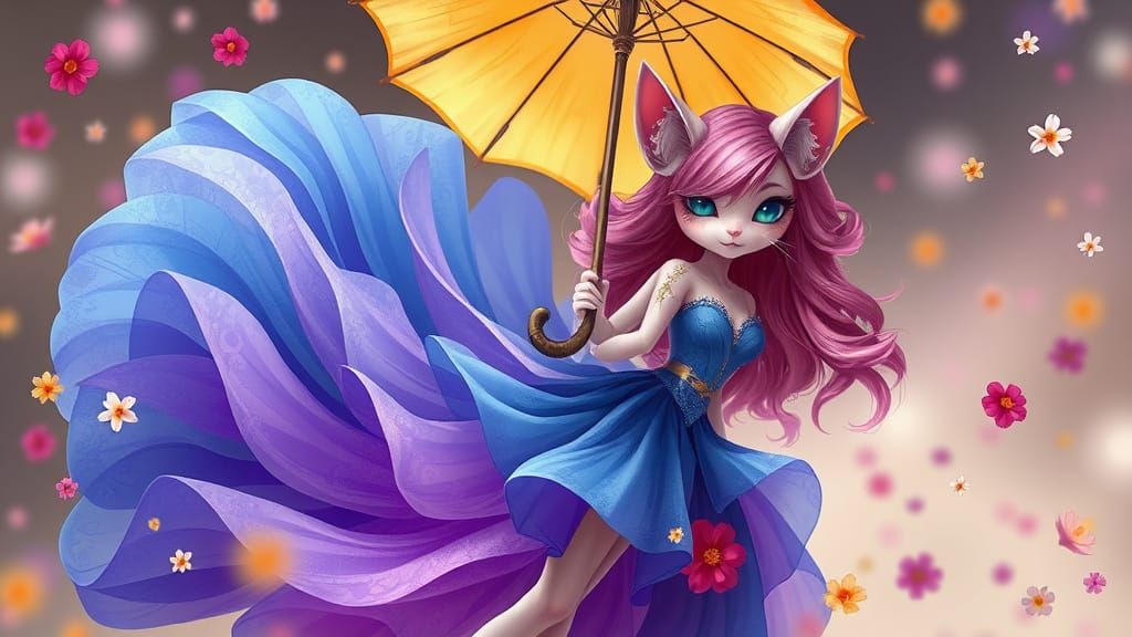 Enchanting Feline Humanoid with Floral Umbrella