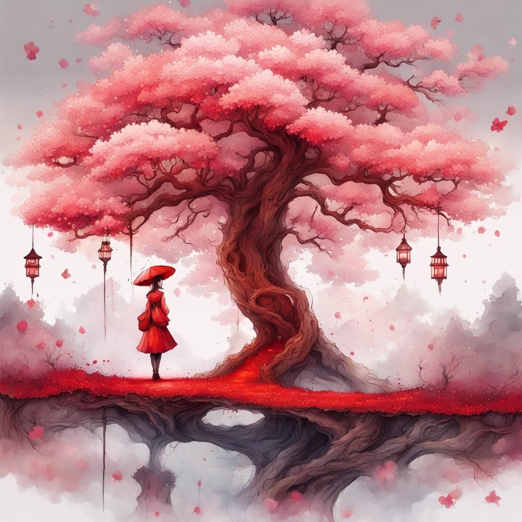 Fantasycore Japanese Scene with Red Mushrooms