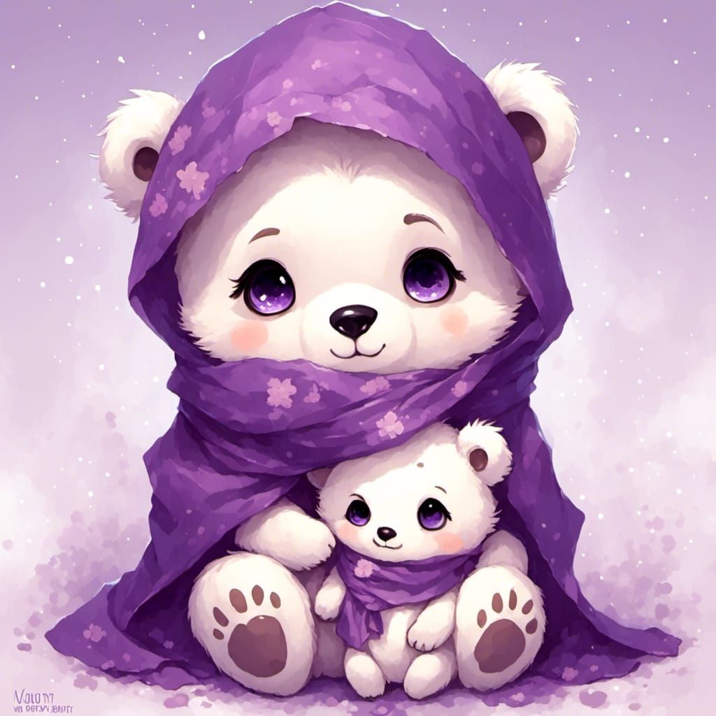 Chibi White Bear Hugging Cub in Anime Style