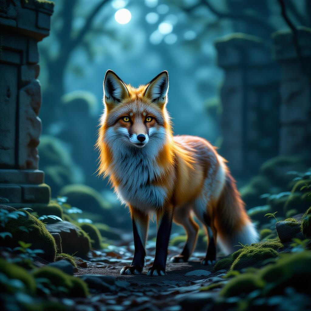 Bioluminescent Fox in Ancient Forest Ruins