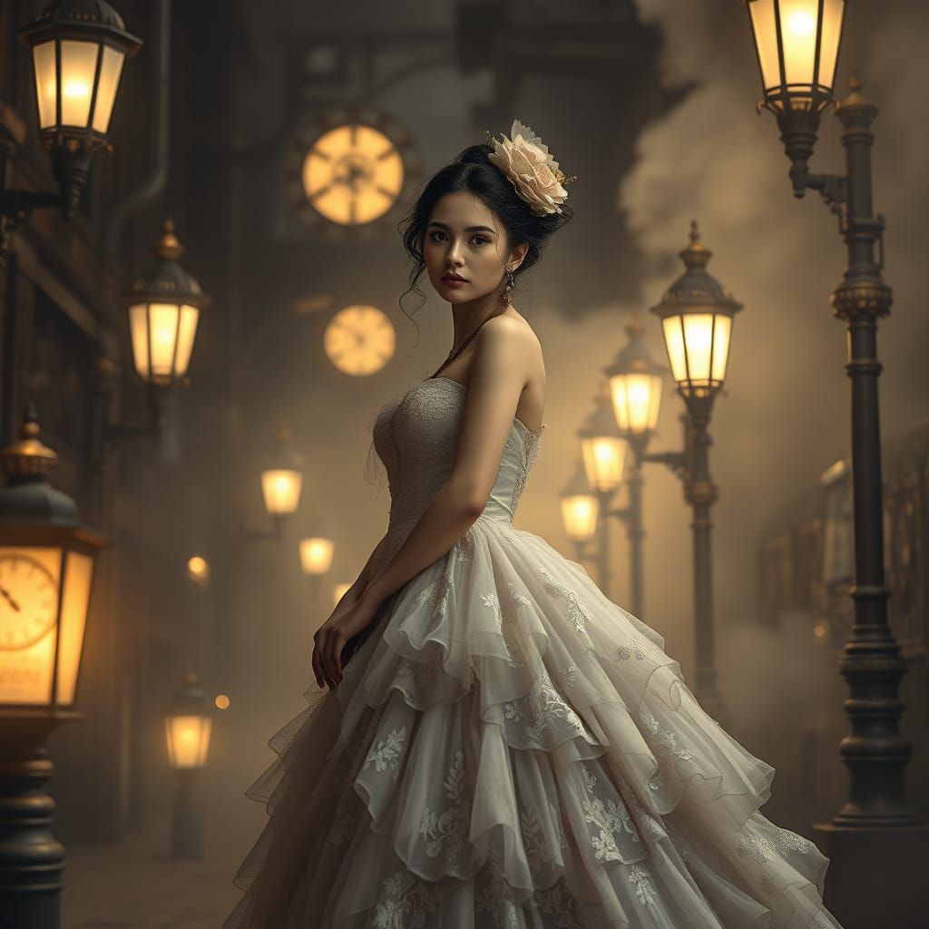 Steampunk Courtesan in Mysterious, Fog-Shrouded Alley
