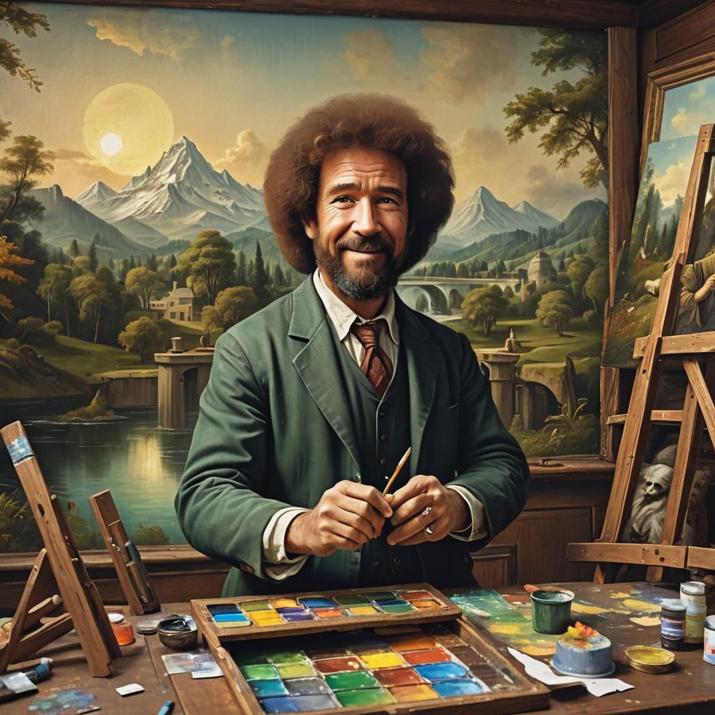 Create an image of Bob Ross painting the Mona Lisa in Bob Ross style, Bob Ross looking at the cameras with a paint palle...