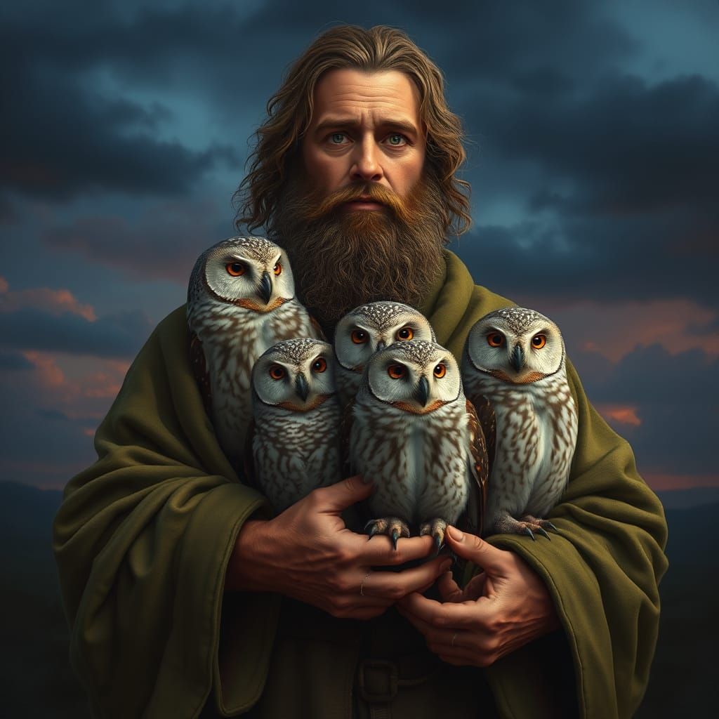 Man and Owl Family in Twilight Sky, Digital Art