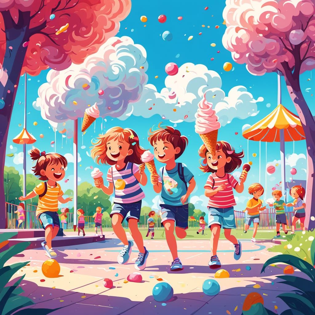 Joyful Kids Eating Ice Cream on Playground in Whimsical Art ...