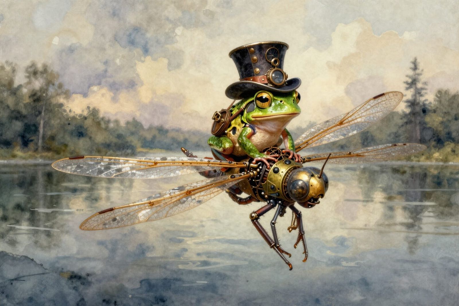 Steampunk Frog Rides Mechanical Dragonfly in Surreal Landsca...