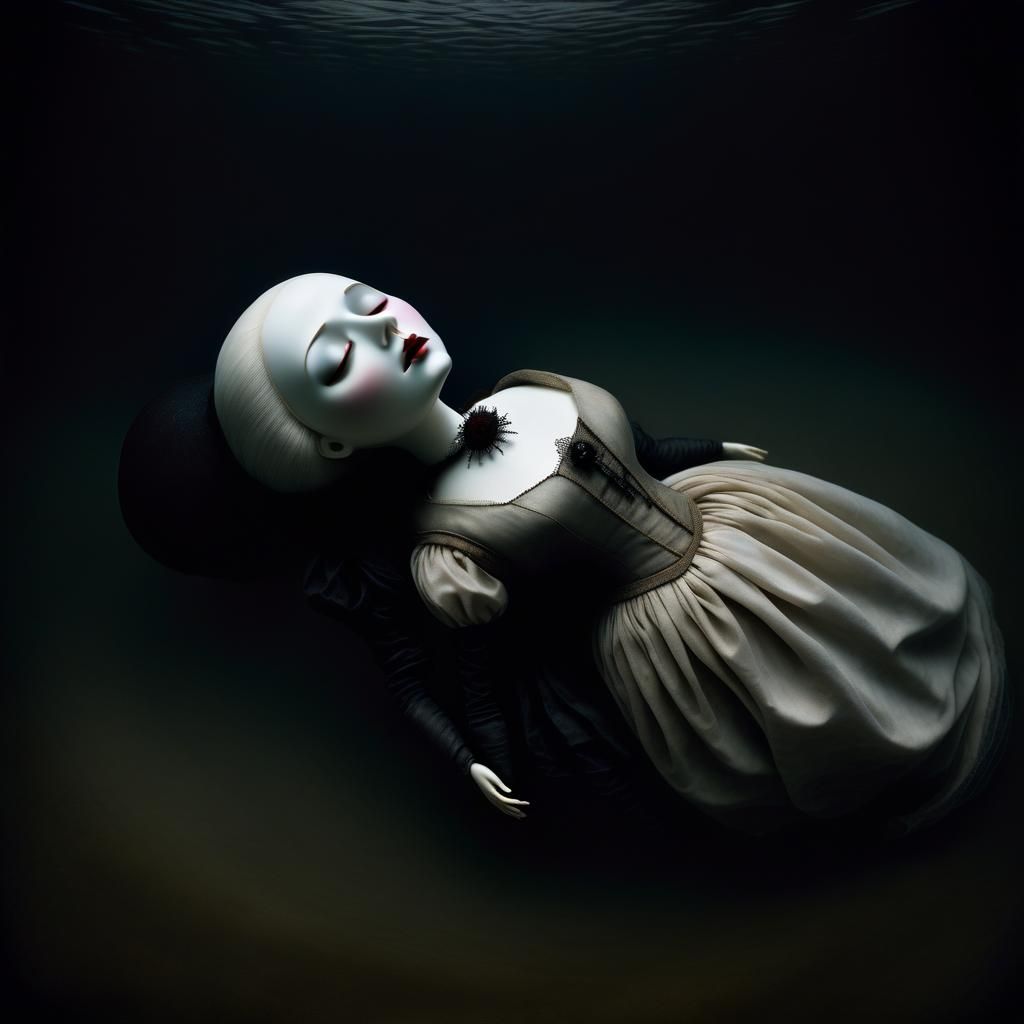 Eerie Doll Floating in Blackness: Surreal Digital Art