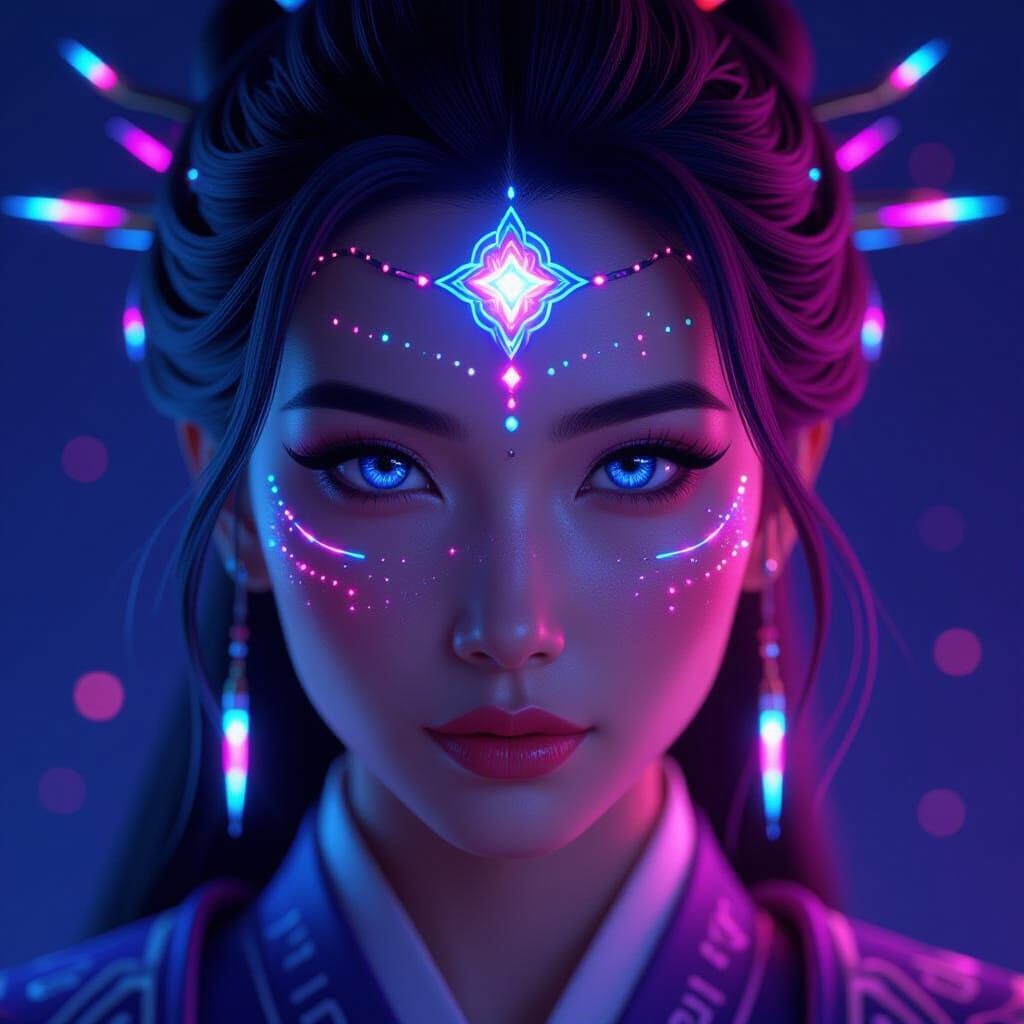 Celestial Warrior: Photorealistic Anime Portrait in Neon Lig...