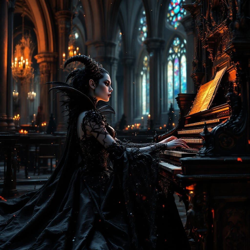 Gothic Vampire Plays Organ in Cathedral