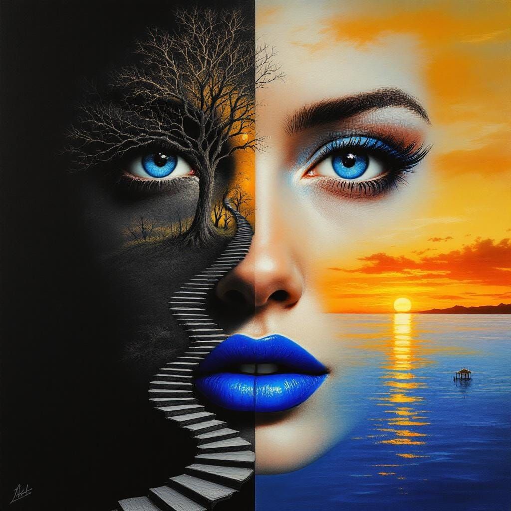 Surreal Portrait: Dichotomy of Woman in Sunset Landscape