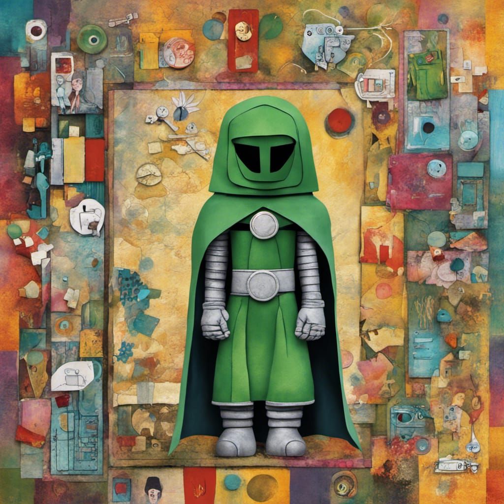 Doctor Doom Figure in Mixed Media Collage Art