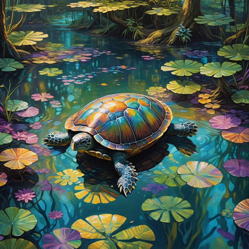 Two-Legged Turtle in Mystical Forest, Fantasy Oil Painting