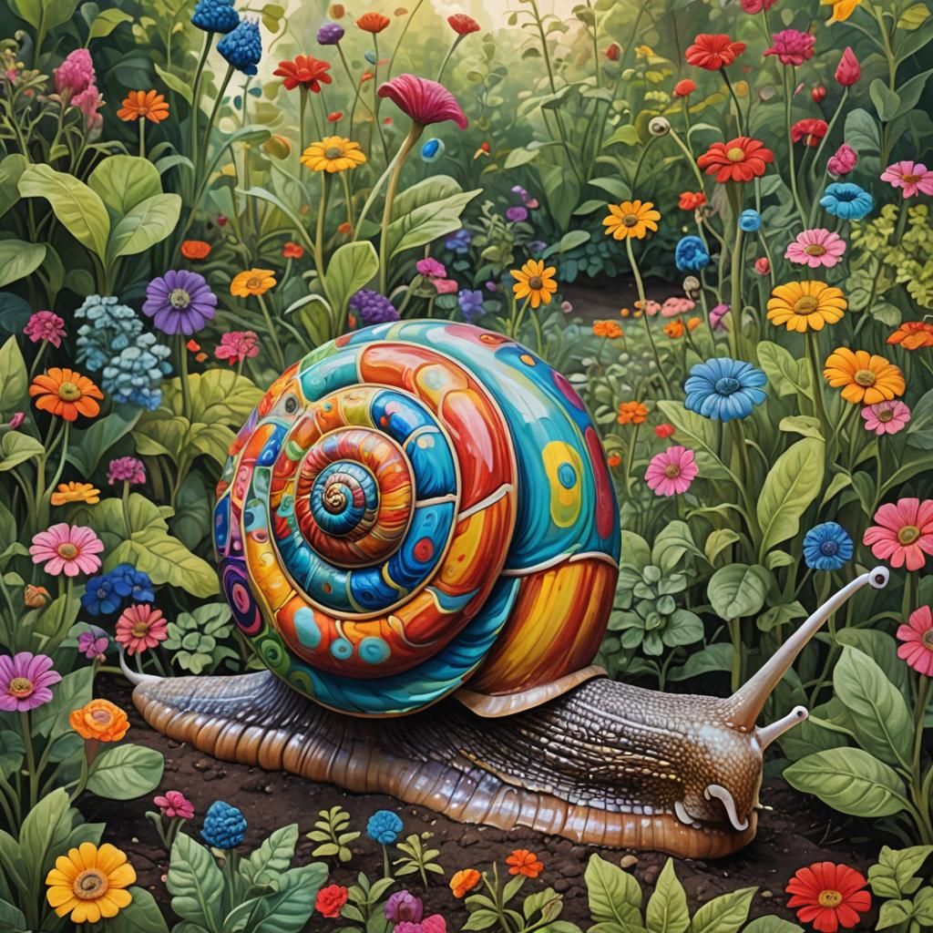 Surreal Colorful Snail in a Garden