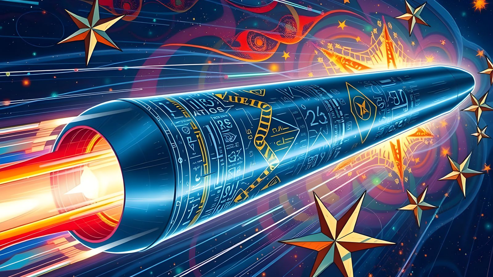 Blue-Black Cylinder Races Through Impasto Cosmos