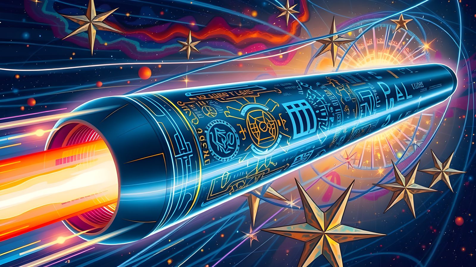 Futuristic Blue Cylinder Soaring Through Impasto Cosmos