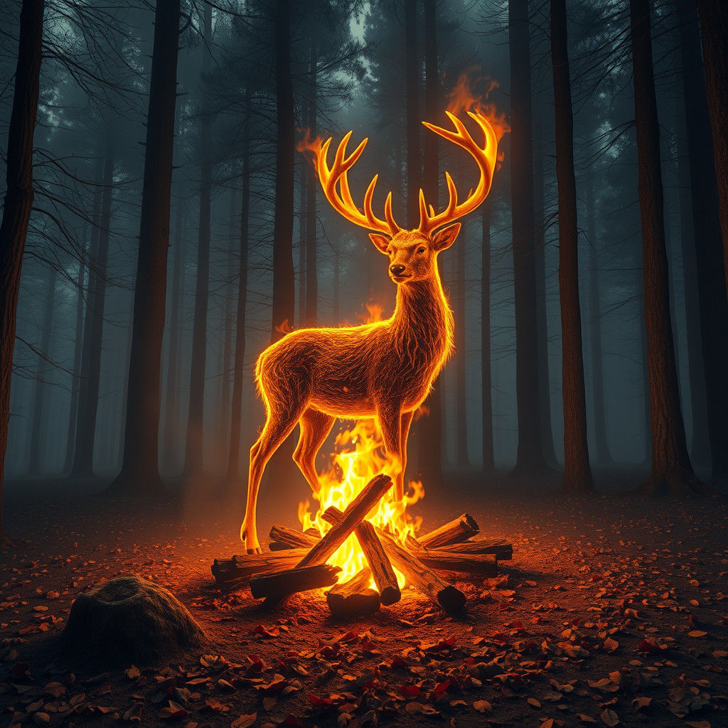 Fiery Deer Spirit in Misty Forest