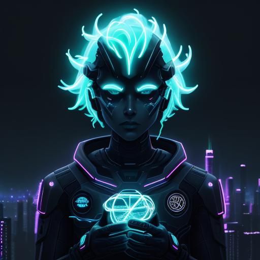 Neon Brain in Dark Cityscape: Futuristic Digital Art