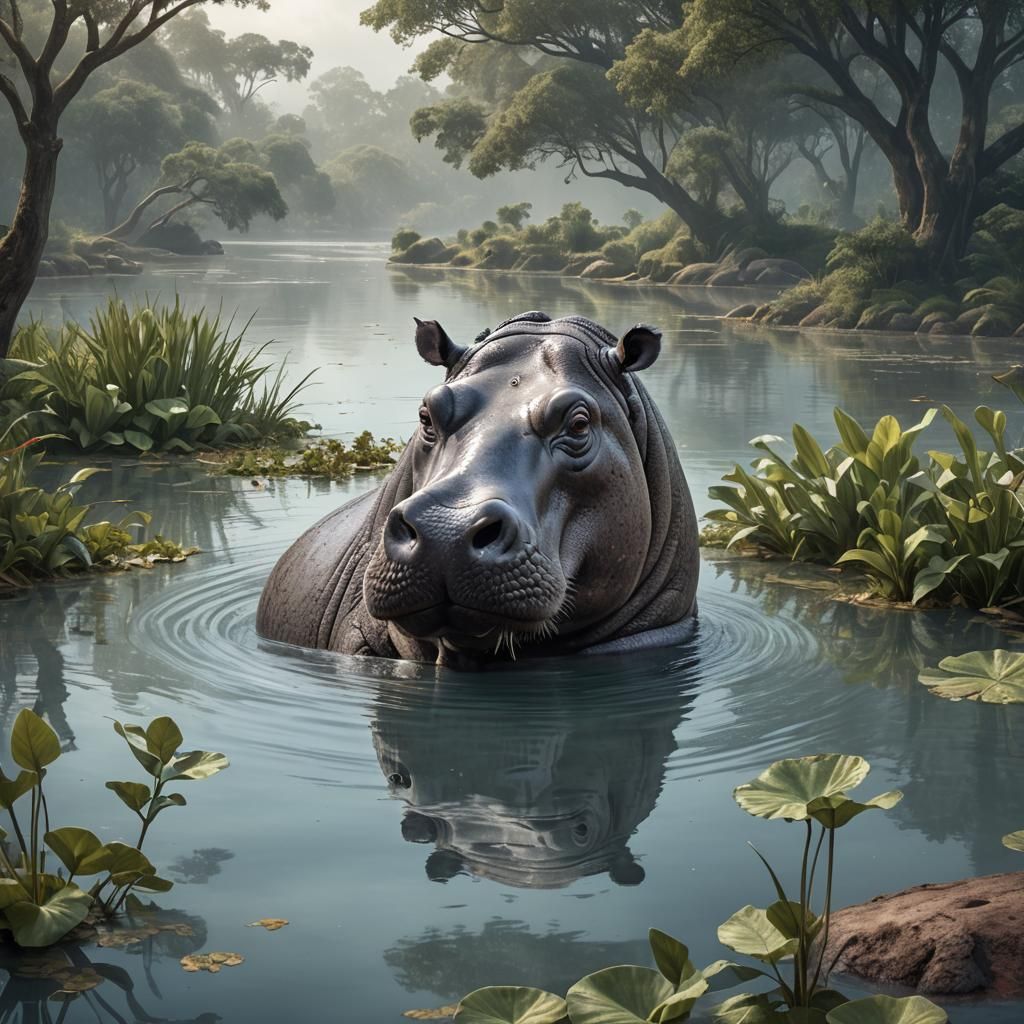 Hippo in Serene Water: Ultra-High Definition Illustration