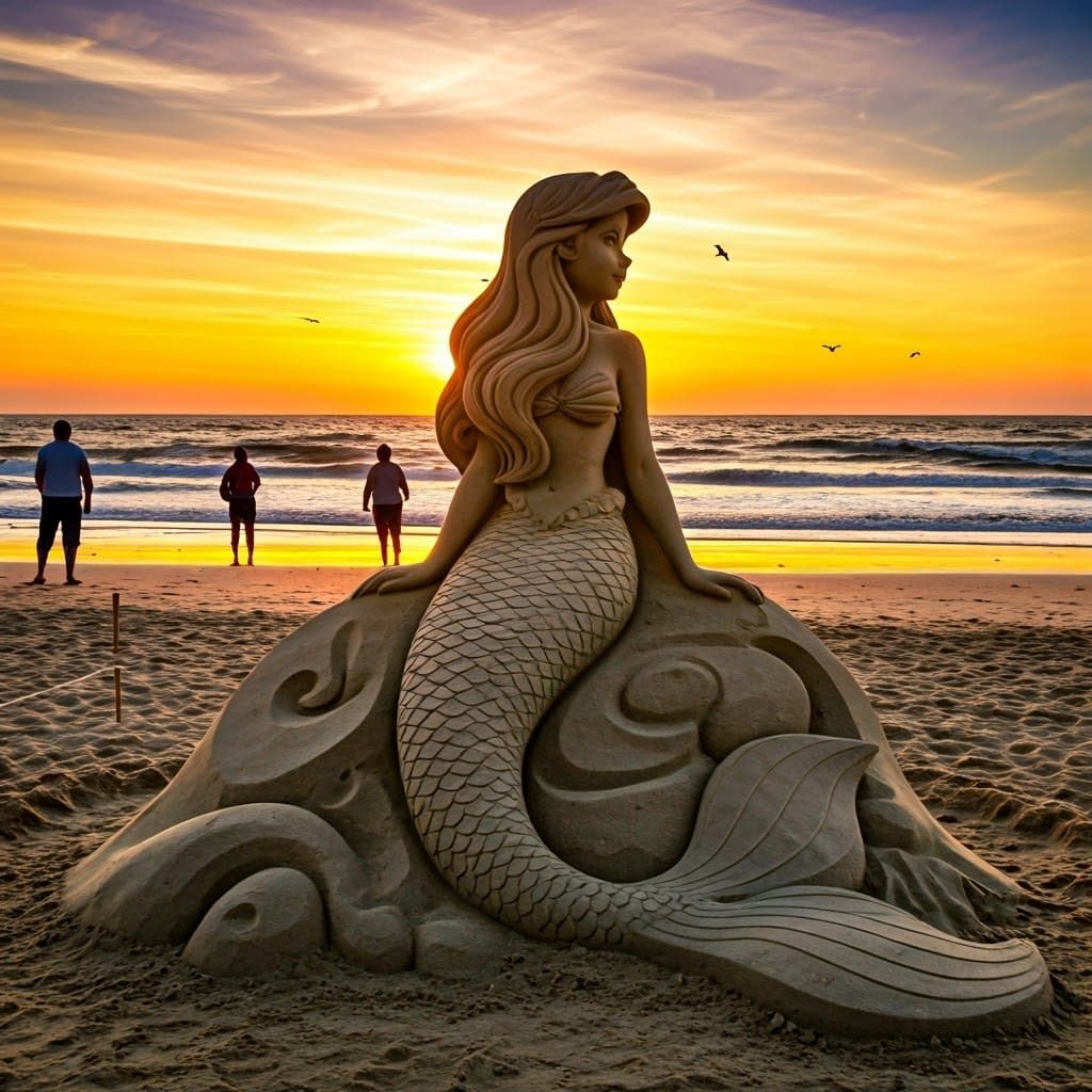 Ariel Sand Sculpture at Sunset in Impressionist Style