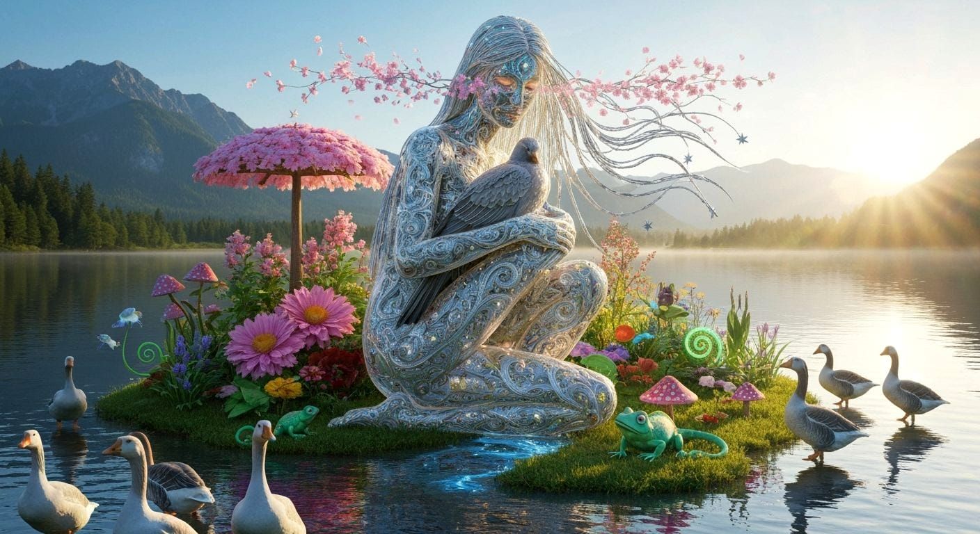 Surreal Bioluminescent Sculpture of Woman and Bird