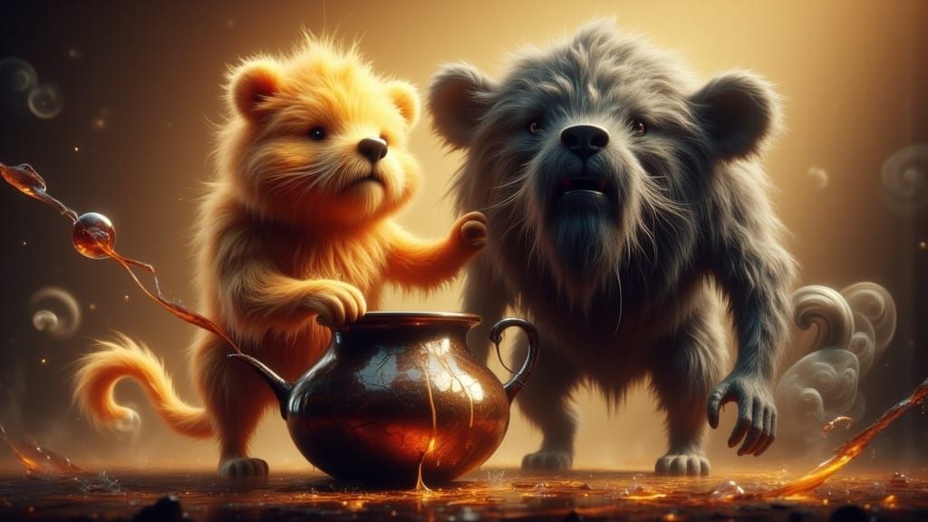 Winnie the Pooh and Dark Monster in Anime Style