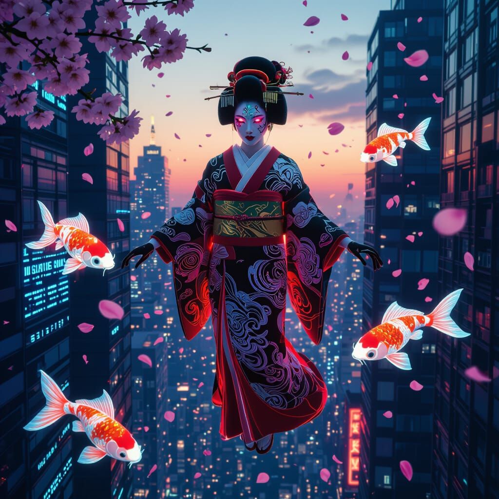 Biomechanical Geisha Levitating in Cyberpunk Cityscape